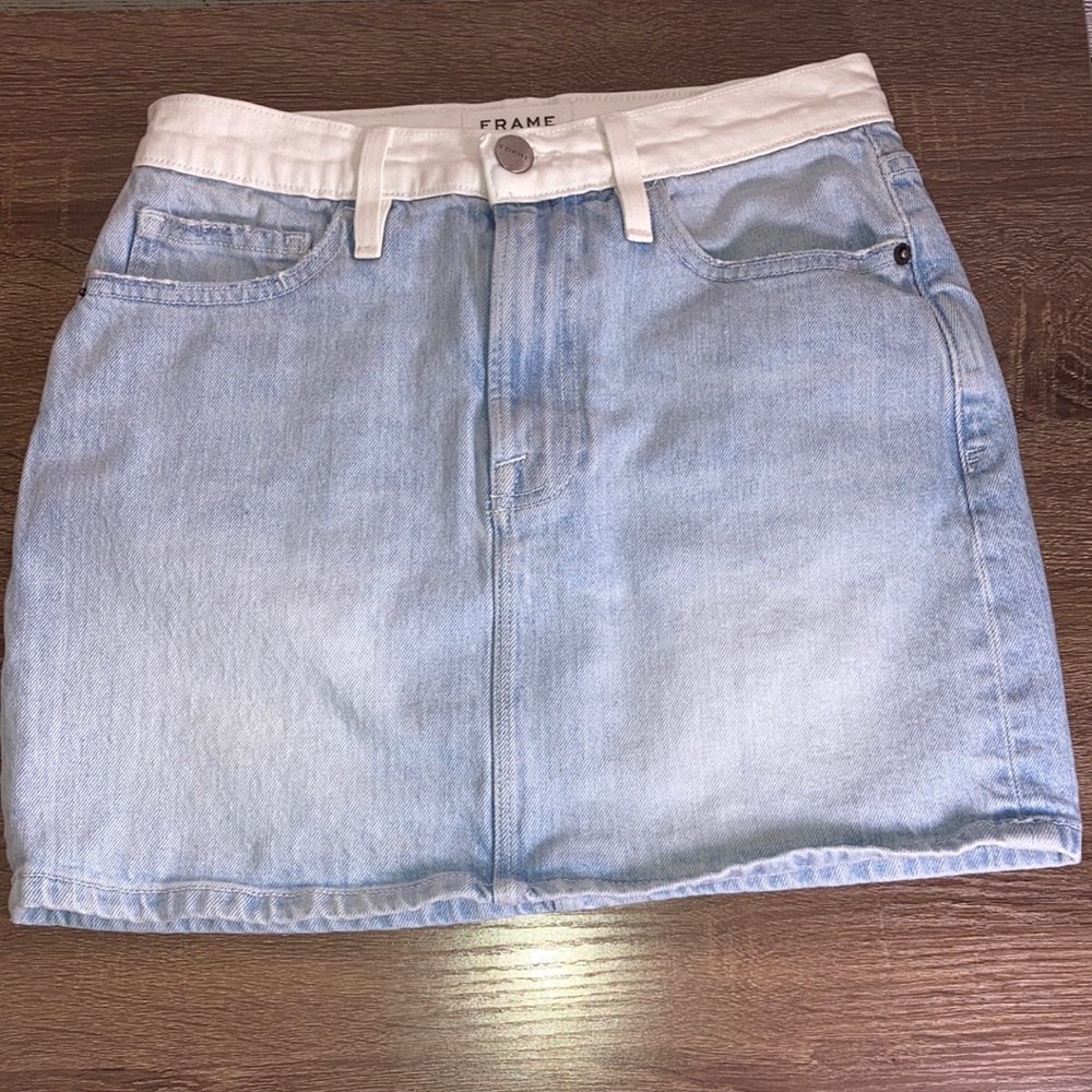 EUC FRAME Denim Le Mini Skirt Union 2 Tone Blue White Size 24 5 Pocket Classic